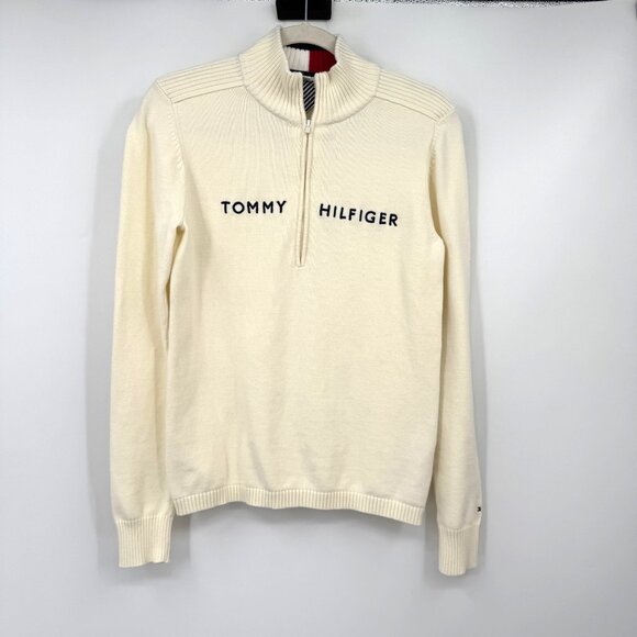 Tommy Hilfiger 1/4 quarter zip sweater spell out cotton men’s size Medium ivory - Picture 1 of 11
